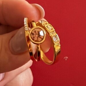 NWOT Goldtone 3 Piece Ring Set with Diamond Like Accents and Pink Stone